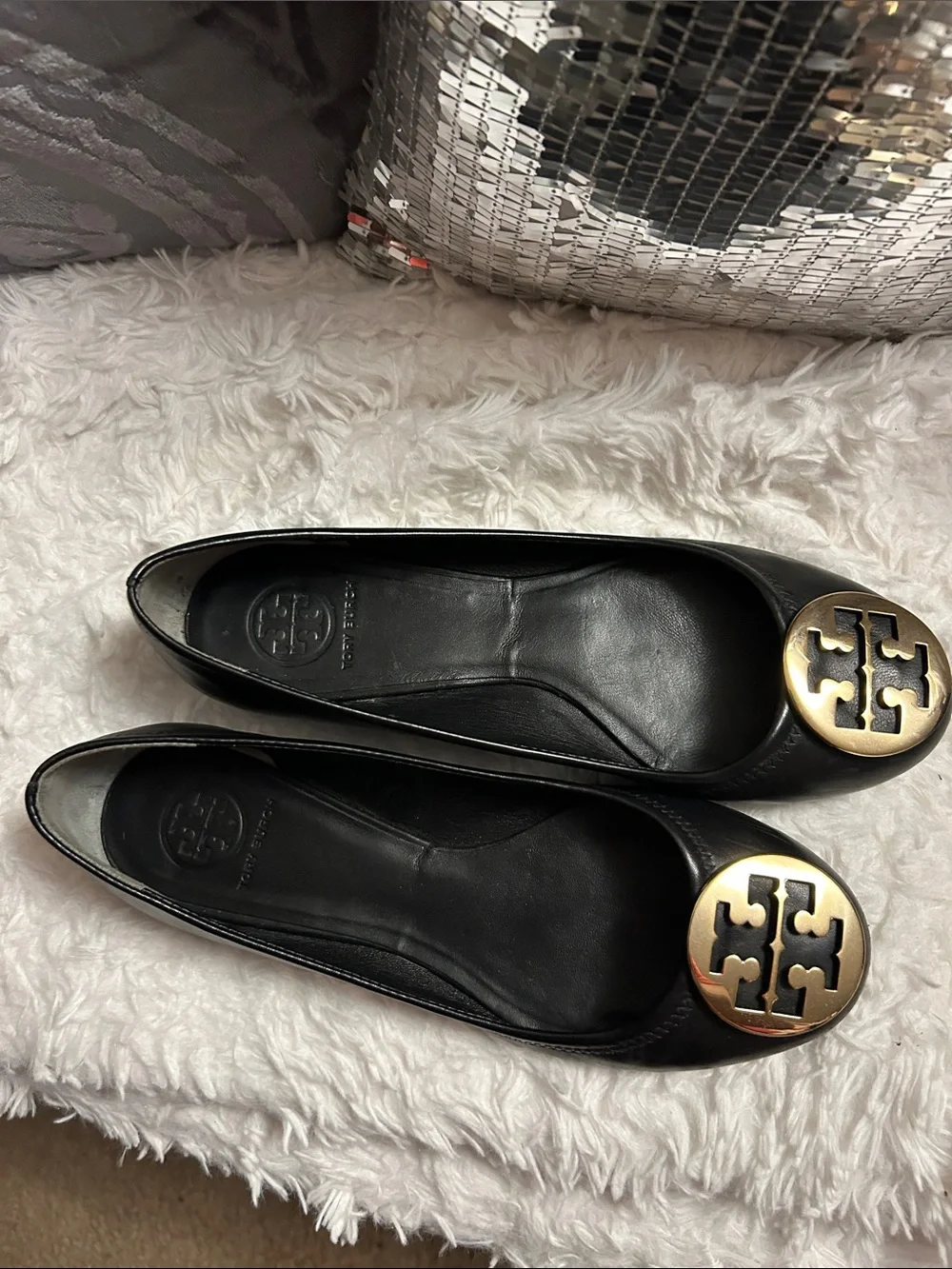 Tory Burch Black Leather Ballet Flats with Gold Logo Medallion